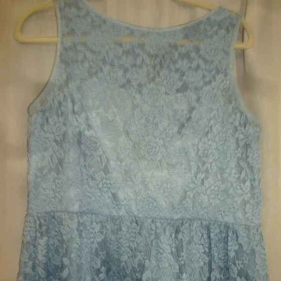 Easter Sale Simply Liliana Lace Dress Sz 12 Blue Sleeveless Fit Flare Satin Tie - Picture 4 of 9